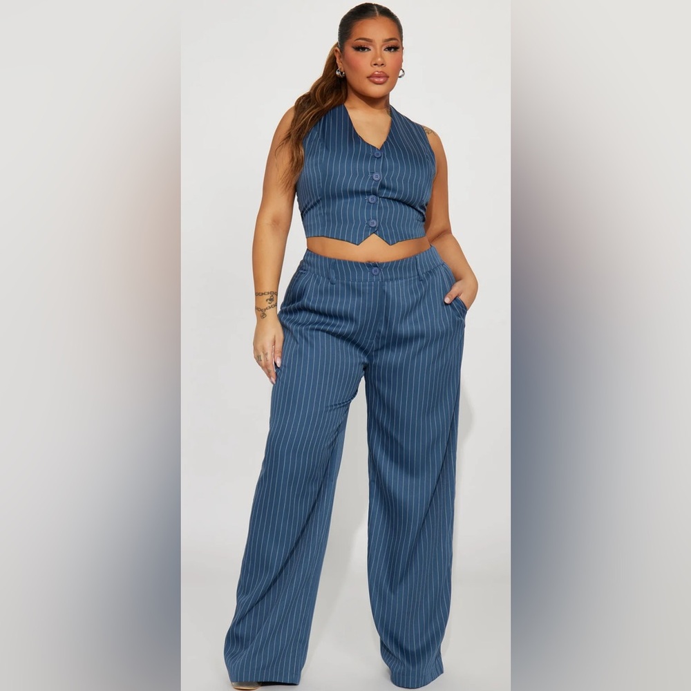 Fashion Nova | Navy Pinstripe Vest Pant Set | Size XL